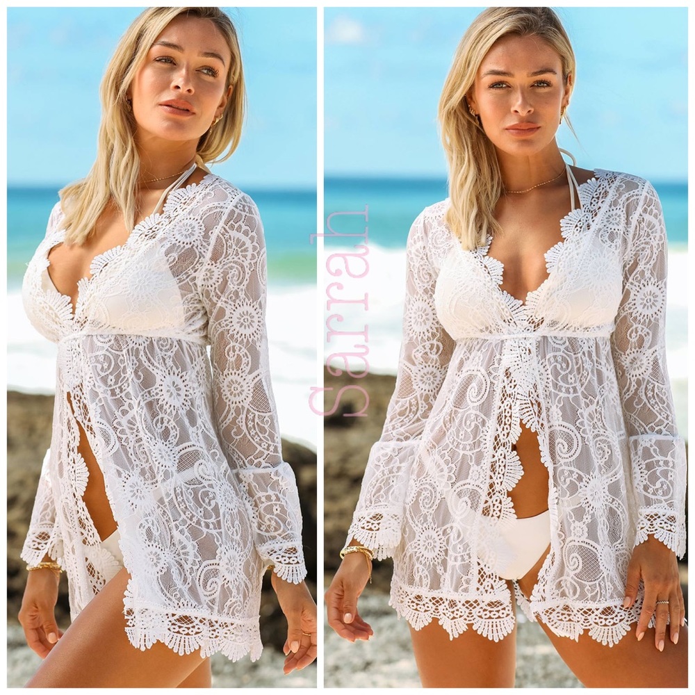 NEW White Sheer Crochet Lace Mini Dress / Kimono Cover-Up– Size Small – LAST ONE - Picture 3 of 6